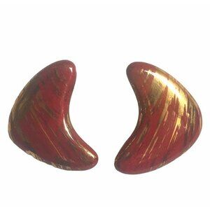 Vintage Boomerang Earrings Red Metallic Gold 80s